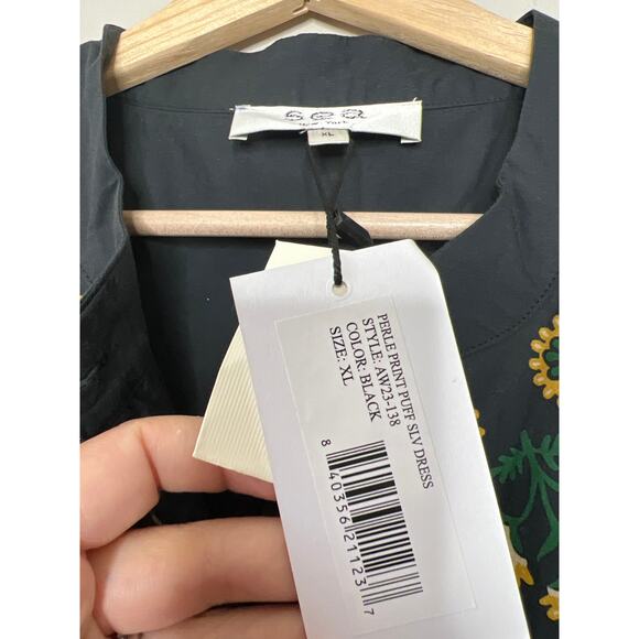 NWT Sea New York Tie Waist Perle Print Puff Sleeve Mini Dress Black Size: XL - Picture 5 of 7